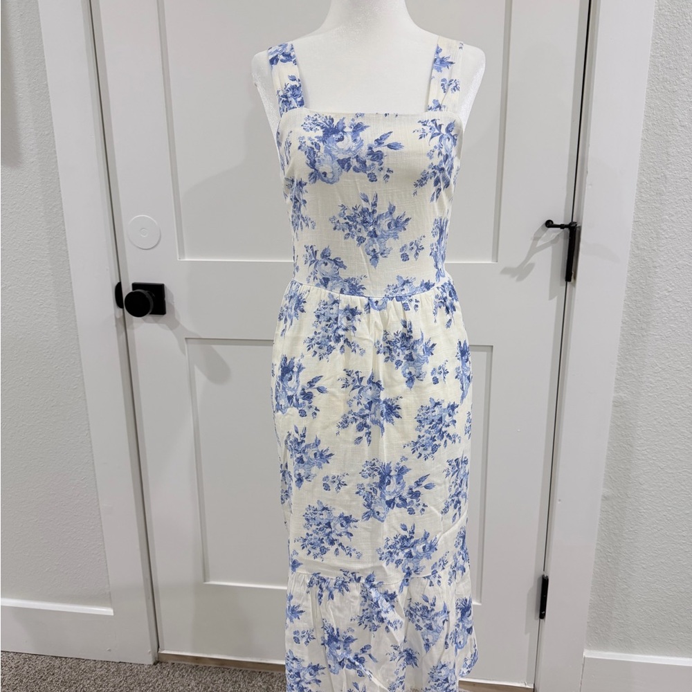 White Sun Dress with Blue Floral Print